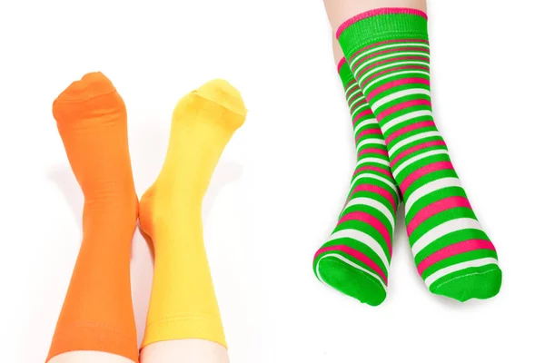Žluté Oranžové Ponožky Ženské Noze Izolované Bílém Pozadí — Stock fotografie