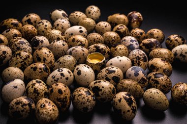 Arka plan olarak bir grup bıldırcın yumurtası. Çiğ yumurta..