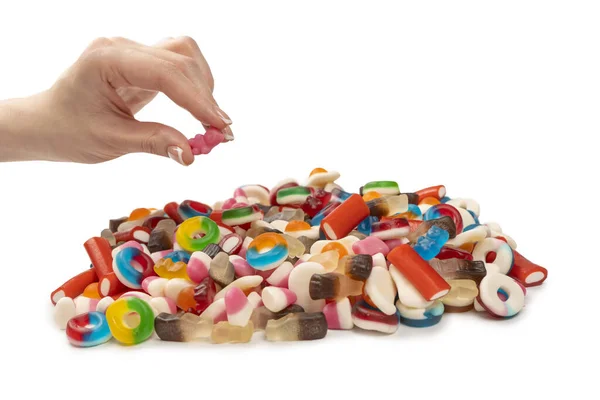 Woman Hand Takes Jelly Candy White Background — Stock Photo, Image