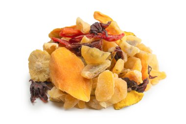 Kurutulmuş egzotik meyve, mango, ananas dilimleri, tutku meyvesi, papaya karışımı. Vejetaryen tatlı..  