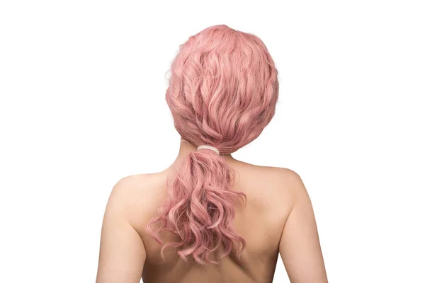 Žena Růžovými Kudrnatými Vlasy Žena Izolovaná Vzadu — Stock fotografie