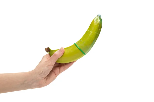 Μια Γυναίκα Έβαλε Προφυλακτικό Μια Μπανάνα Απομονωμένα Λευκό Φόντο — Φωτογραφία Αρχείου
