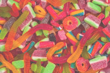 Lezzetli jelibon şekerler. Üst Manzara. Jöle tatlısı arka planı. 