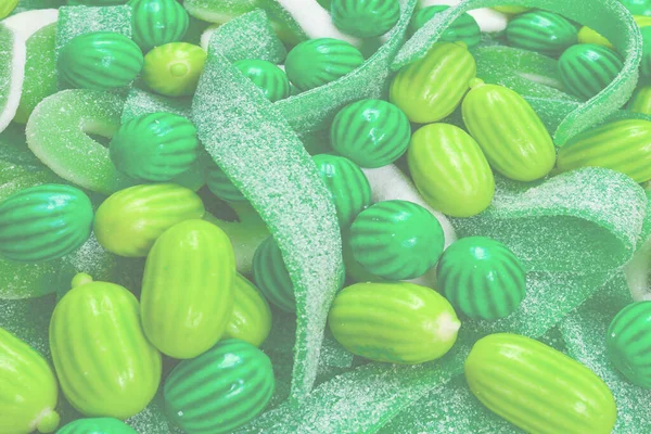 Různorodé Zelené Gumové Bonbóny Pozadí Horní Pohled Želé Bonbóny — Stock fotografie