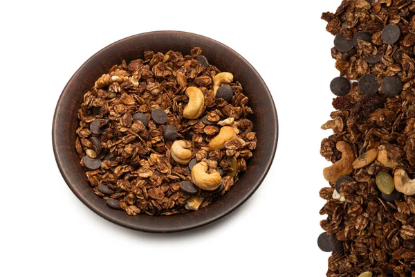 Cereales Granola Chocolate Con Fondo Nueces Vista Superior —  Fotos de Stock