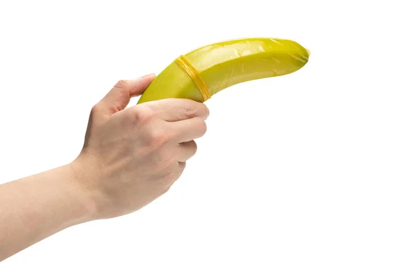 Una Mujer Puso Condón Plátano Aislado Sobre Fondo Blanco — Foto de Stock