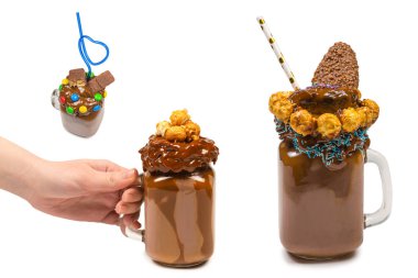 Çikolatalı milkshake, çırpılmış krema, kurabiye, waffle, cam mason kavanozunda servis edilir. 