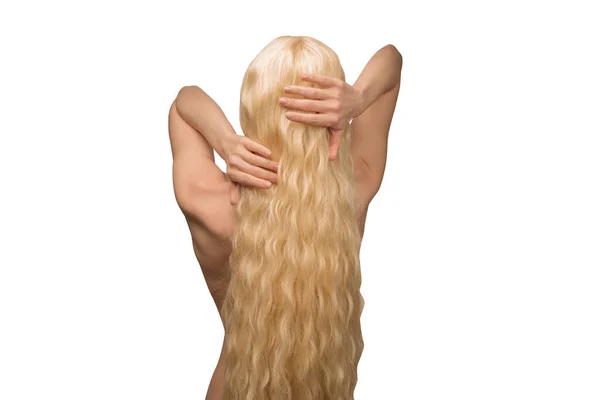 Mujer Pelo Largo Rubio Rizado Mujer Espalda Aislada — Foto de Stock