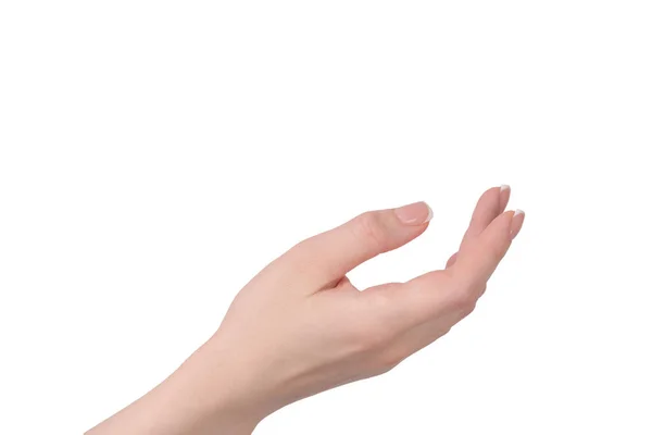 Vrouw Handen Met Franse Manicure Geïsoleerd Een Witte Bacckground — Stockfoto