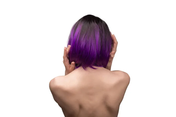 Kadın Kıçı Mor Saçlı Güzel Bir Kadın Beyaz Bir Arka — Stok fotoğraf