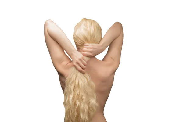 Mujer Pelo Largo Rubio Rizado Mujer Espalda Aislada — Foto de Stock