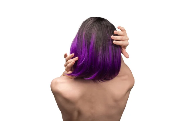 Parte Trasera Mujer Hermosa Mujer Con Pelo Morado Aislado Sobre — Foto de Stock