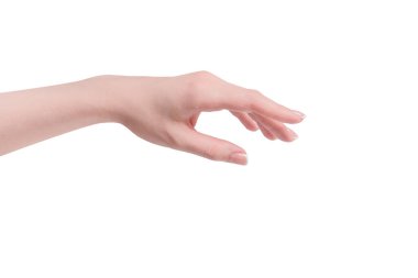 Beyaz arka planda izole edilmiş Fransız manikürlü kadın elleri..
