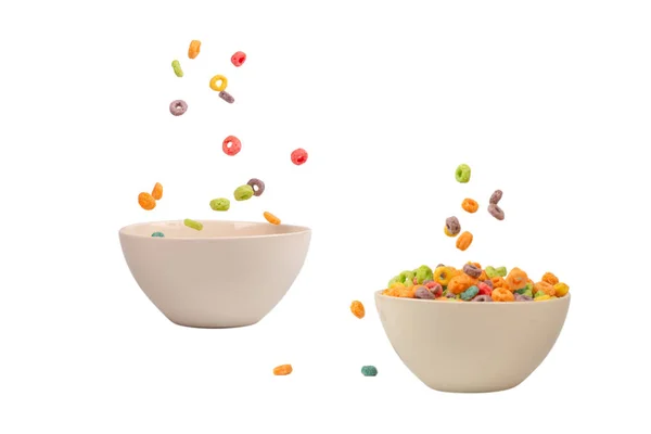 Colorful Cereal Box Morning Breakfast Corn Flakes Falling White Bowl — Stock Photo, Image