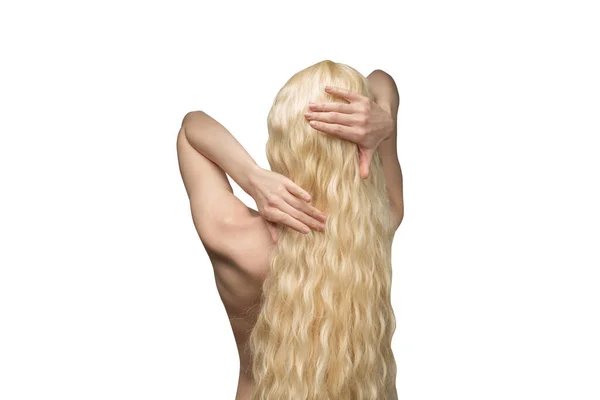 Femme Aux Longs Cheveux Blonds Bouclés Femme Dos Isolé — Photo