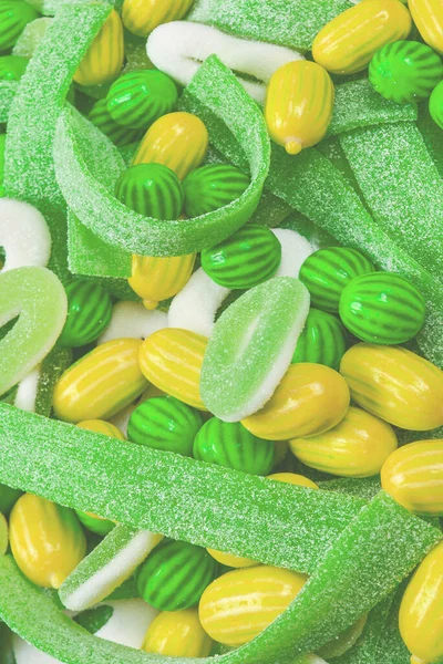 Assorted Green Gummy Candies Background Top View Jelly Sweets — Stock Photo, Image