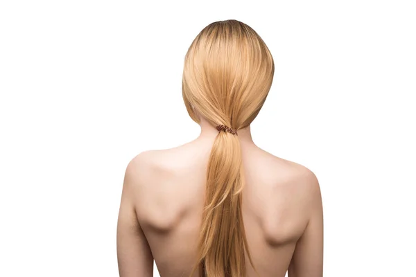 女性の背側 白い背景に孤立したオムツの髪の美しい女性 — ストック写真