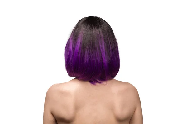 Mulher Traseira Mulher Bonita Com Cabelo Roxo Isolado Fundo Branco — Fotografia de Stock