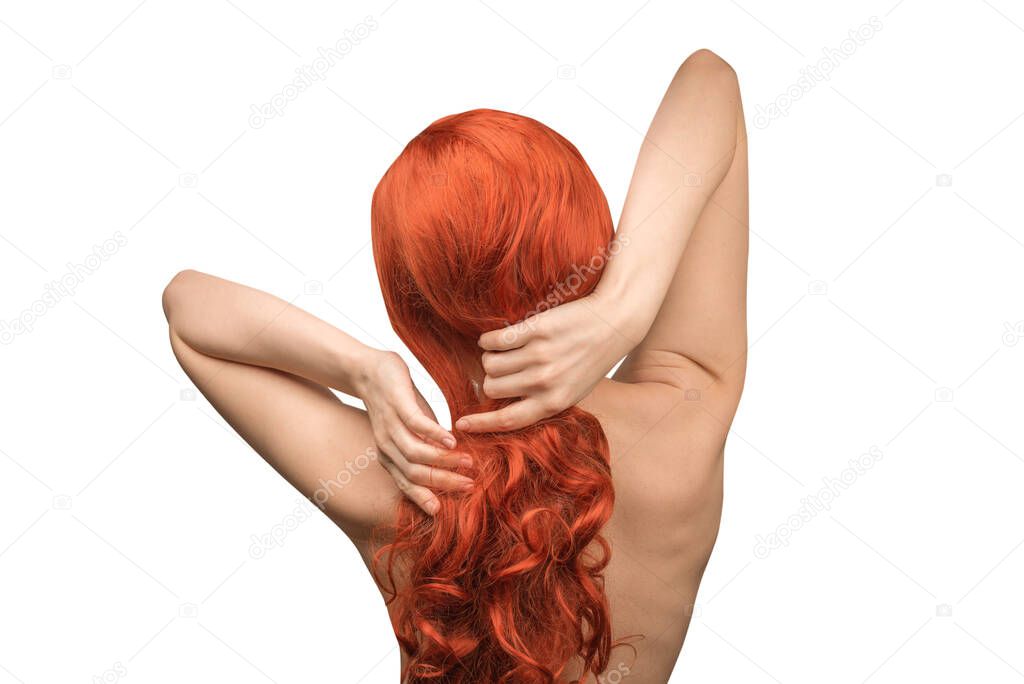 Woman backside, beautiful woman with red curly hair isolated on a white baackground. 