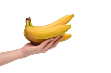 Beyaz bir arka planda, bir avuç muzu, bir kadının elinde soyutlamış..