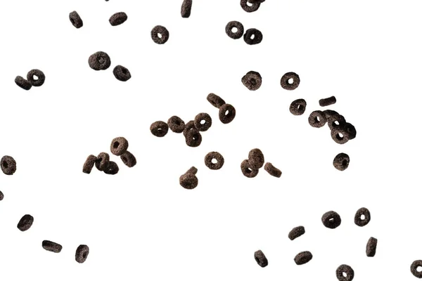 Los Anillos Chocolate Derraman Tazón Desayuno Aislado Sobre Fondo Blanco — Foto de Stock