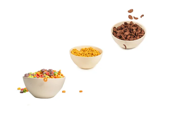 Bunte Müslischachtel Für Das Frühstück Morgen Cornflakes Fallen Auf Die — Stockfoto