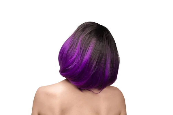 Mulher Traseira Mulher Bonita Com Cabelo Roxo Isolado Fundo Branco — Fotografia de Stock