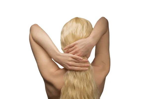 Uzun Sarı Kıvırcık Saçlı Bir Kadın Kadın Tecrit Edilmiş — Stok fotoğraf
