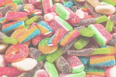 Çeşit çeşit şekerleme. Üst Manzara. Jöle tatlısı arka planı. 