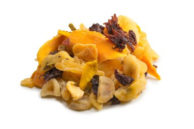 Kurutulmuş egzotik meyve, mango, ananas dilimleri, tutku meyvesi, papaya karışımı. Vejetaryen tatlı..  