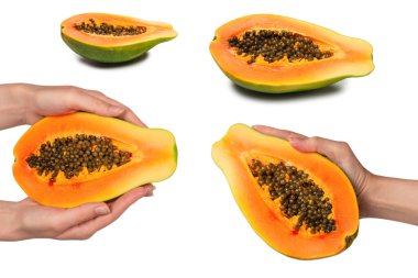 Papaya meyvesi beyaz arka planda izole bir şekilde kadınların elinde. Tropik meyve. Yarım papaya.. 