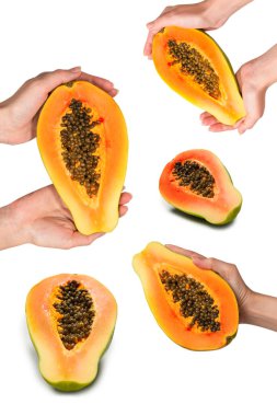Papaya meyvesi beyaz arka planda izole bir şekilde kadınların elinde. Tropik meyve. Yarım papaya.. 