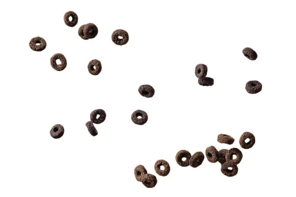 Шоколадные Кольца Хлопьев Выливаются Миску Завтрак Изолированный Белом Фоне — стоковое фото