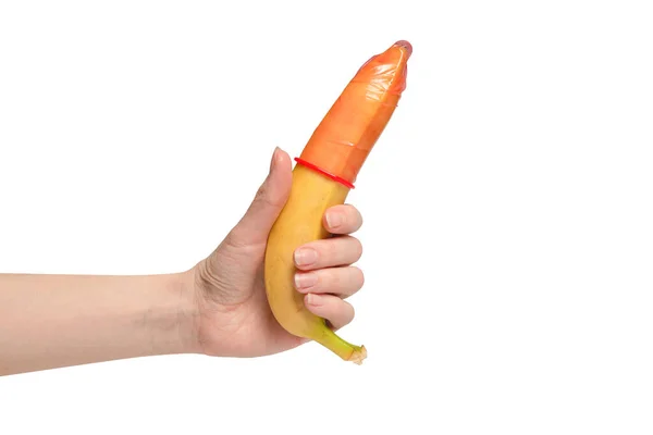Mulher Pôs Preservativo Uma Banana Isolado Sobre Fundo Branco — Fotografia de Stock