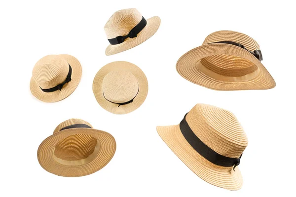 Straw hat with black bow isolated on white background.