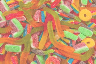 Lezzetli jelibon şekerler. Üst Manzara. Jöle tatlısı arka planı. 