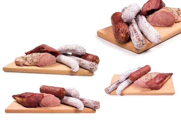 Various of meat, smoked meat, sausage, salami isolated on a white background.
