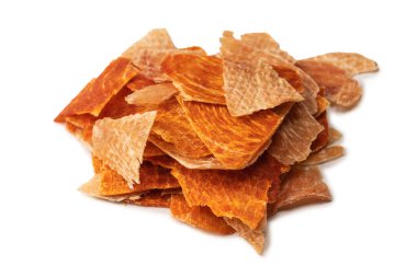 A group of tasty beer snacks. Dehydrated chicken meat slices. 