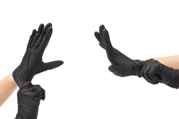 Woman Puts Black Rubber Gloves Isolated White — Stock Photo, Image