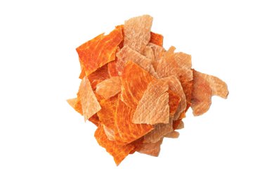 A group of tasty beer snacks. Dehydrated chicken meat slices. 