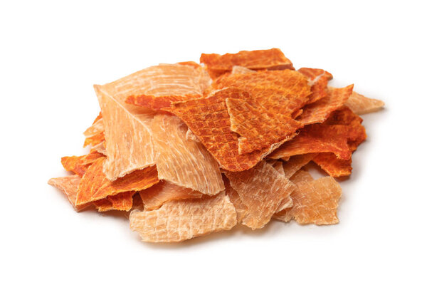 A group of tasty beer snacks. Dehydrated chicken meat slices. 