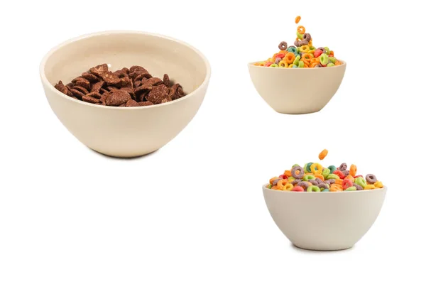 Chocolate Corn Flakes Falling White Bowl Isolated White Motion Copyspace — Stock Photo, Image