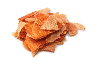 A group of tasty beer snacks. Dehydrated chicken meat slices. 