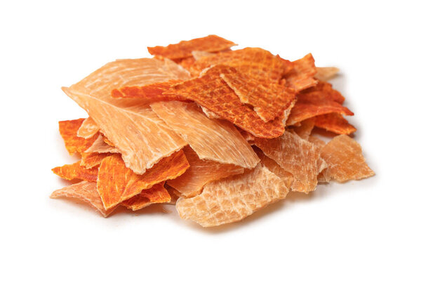 A group of tasty beer snacks. Dehydrated chicken meat slices. 