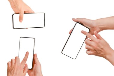 Beyaz arka planda izole edilmiş kadınlarda akıllı telefon. Beyaz perde. Boşluğu kopyala.