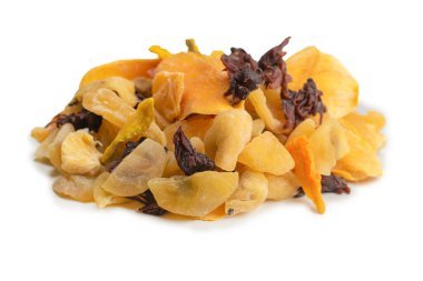 Kurutulmuş egzotik meyve, mango, ananas dilimleri, tutku meyvesi, papaya karışımı. Vejetaryen tatlı..  