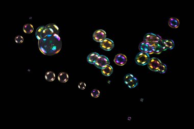 Sabun köpükleri siyah arka planda izole edilmiş. Boşluğu kopyala. 