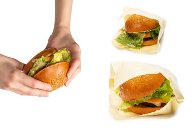 Hamburger beyaz arka planda izole edilmiş. Üst görünüm. 