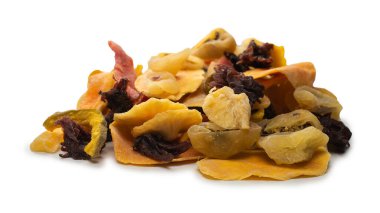 Kurutulmuş egzotik meyve, mango, ananas dilimleri, tutku meyvesi, papaya karışımı. Vejetaryen tatlı..  