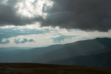 Yeşil çayırlar, ağaçlar, arka planda dağlarda koyu alçak bulutlar olan Karpatya yaban örümceğinin güzel manzarası. Seyahat yerleri. Sonbahar manzarası. 